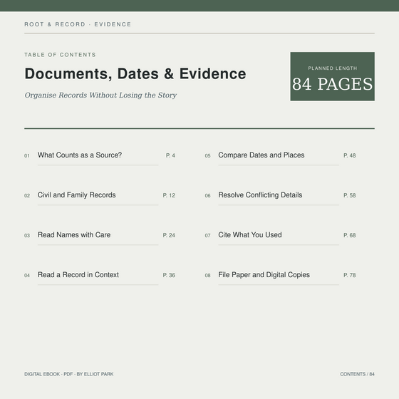 The contents pages of Documents, Dates & Evidence.
