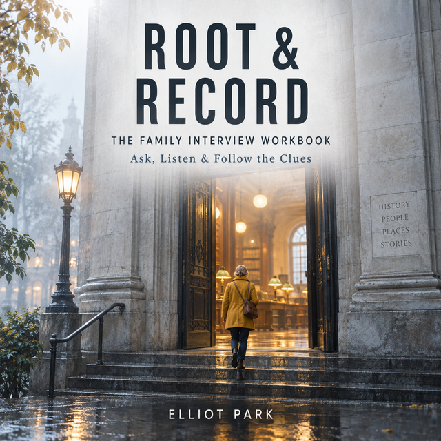 Cover of The Family Interview Workbook, a digital genealogy guide from ROOT & RECORD.